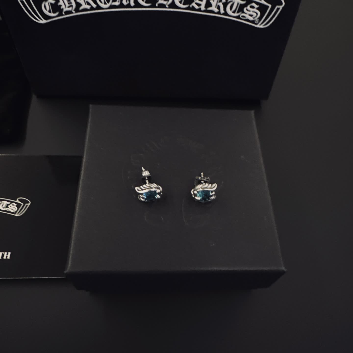 Chrome Hearts Chroma Charts Silver Blue Gemstone Stud Earrings